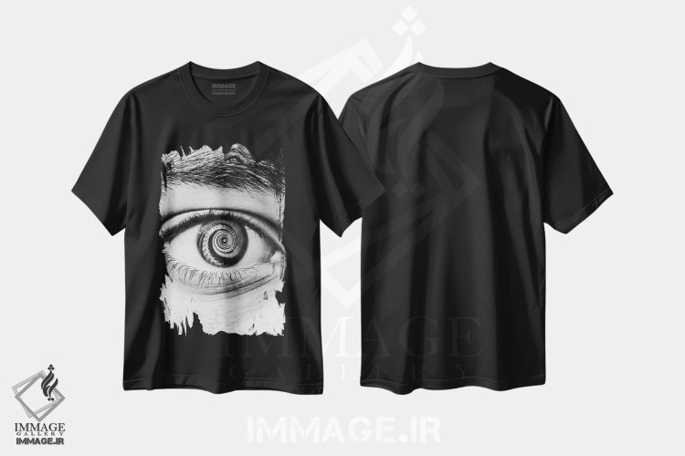 تیشرت مشکی طرح دار چشم پلکان چرخان سیاه و سفید، هنر تزئینی سیاه و سفید اثر جن زد | immage.ir