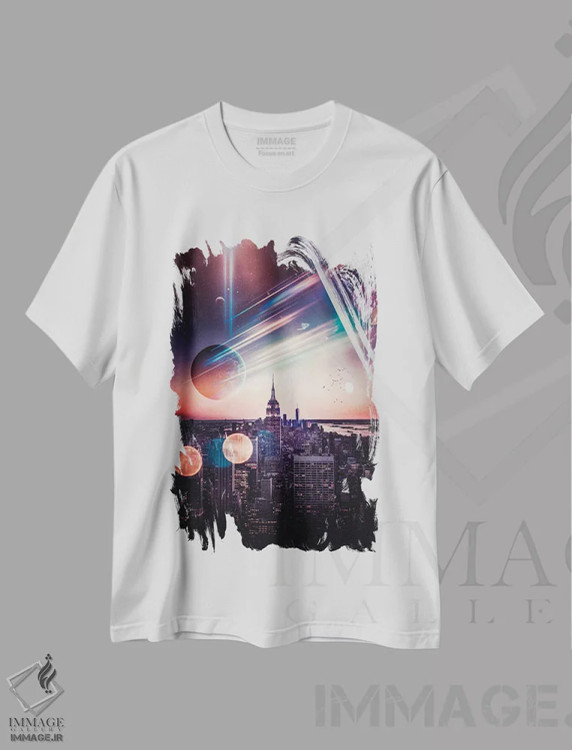 تیشرت سفید طرح دار قله راک نیویورک و باله فضایی، عکاسی ترکیبی اثر جن زد | فروشگاه ایماژ