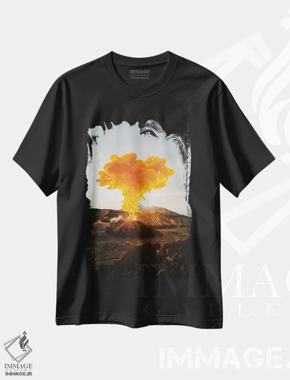 تیشرت مشکی طرح دار انفجار آتشفشان با دود نارنجی، عکاسی ترکیبی اثر جن زد | فروشگاه ایماژ