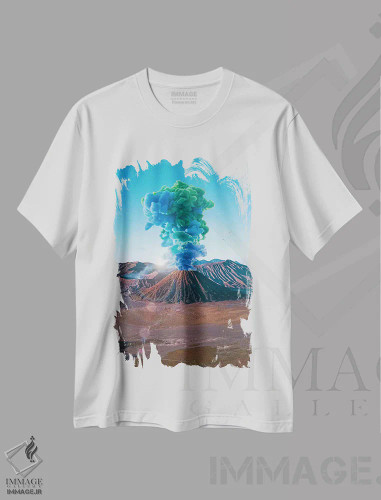 تیشرت سفید طرح دار انفجار آتشفشان آبی و سبز رنگارنگ، عکاسی ترکیبی اثر جن زد | فروشگاه ایماژ