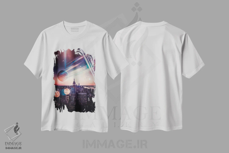 تیشرت سفید طرح دار قله راک نیویورک و باله فضایی، عکاسی ترکیبی اثر جن زد | فروشگاه ایماژ
