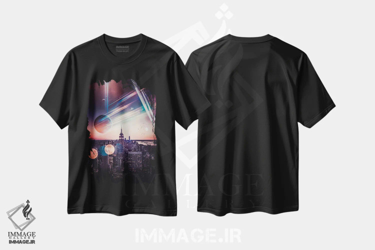 تیشرت مشکی طرح دار قله راک نیویورک و باله فضایی، عکاسی ترکیبی اثر جن زد | immage.ir