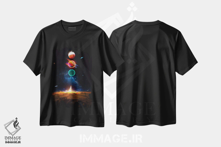 تیشرت مشکی طرح دار پرتاب موشک و یک فضانورد، عکاسی ترکیبی اثر جن زد | فروشگاه ایماژ