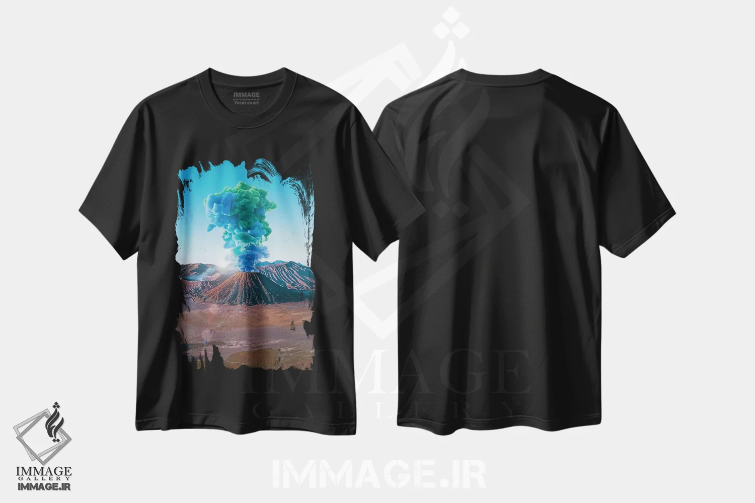 تیشرت مشکی طرح دار انفجار آتشفشان آبی و سبز رنگارنگ، عکاسی ترکیبی اثر جن زد | immage.ir