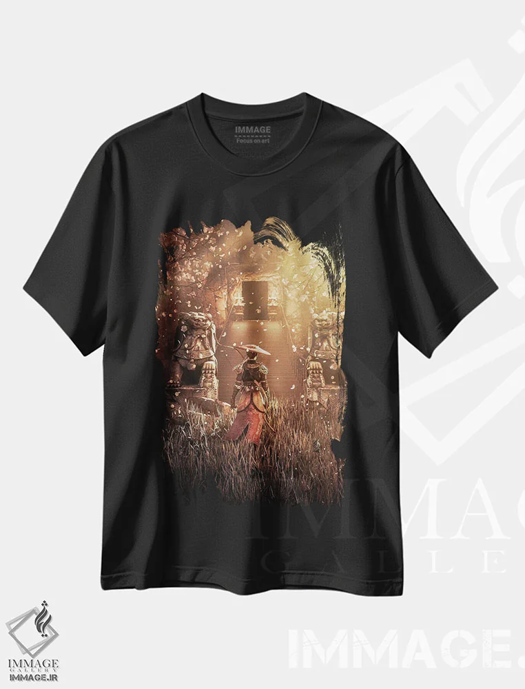 تیشرت مشکی طرح دار سامورایی مقابل معبد آسیایی، دکور آسیایی اثر جن زد | immage.ir