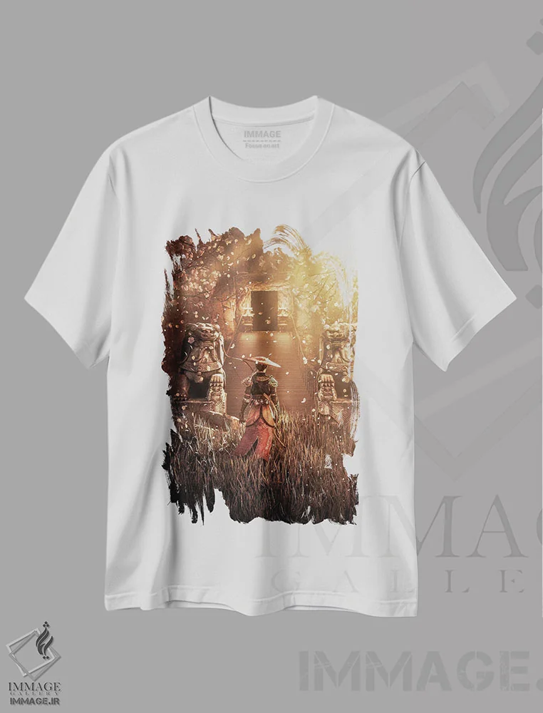 تیشرت سفید طرح دار سامورایی مقابل معبد آسیایی، دکور آسیایی اثر جن زد | فروشگاه ایماژ