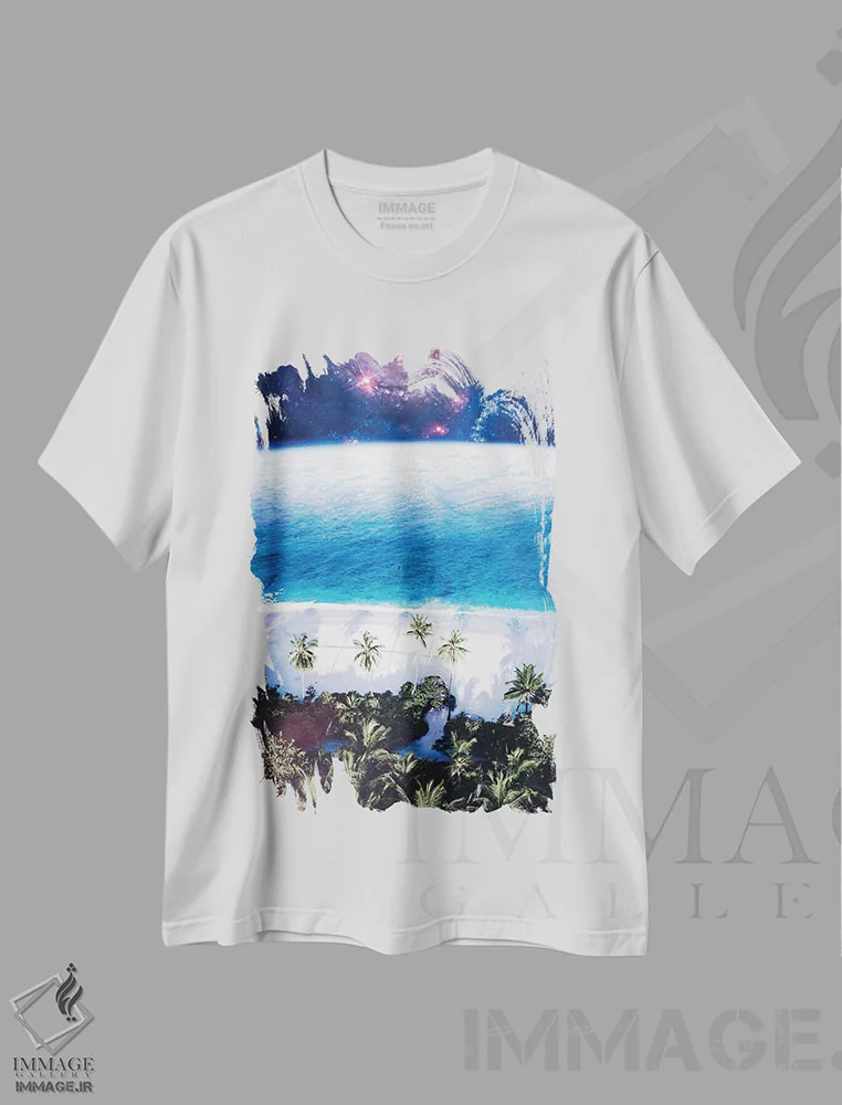تیشرت سفید طرح دار نمای هوایی از ساحل و اقیانوس فضایی، سواحل از نمای بالا اثر جن زد | فروشگاه ایماژ
