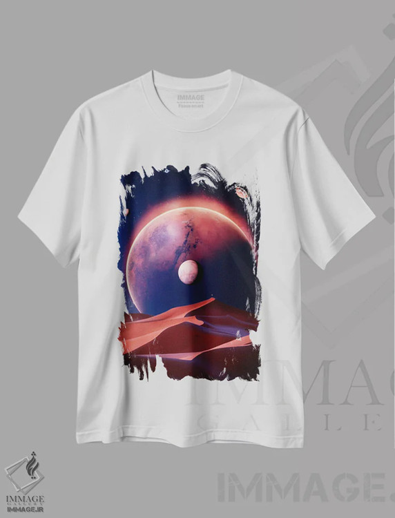 تیشرت سفید طرح دار تپه های صحرایی مریخ در فضای آبی، عکاسی ترکیبی اثر جن زد | فروشگاه ایماژ