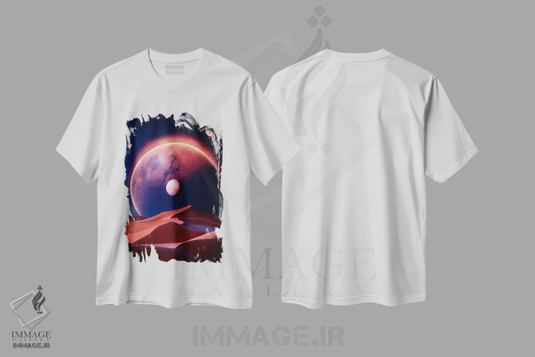 تیشرت سفید طرح دار تپه های صحرایی مریخ در فضای آبی، عکاسی ترکیبی اثر جن زد | فروشگاه ایماژ