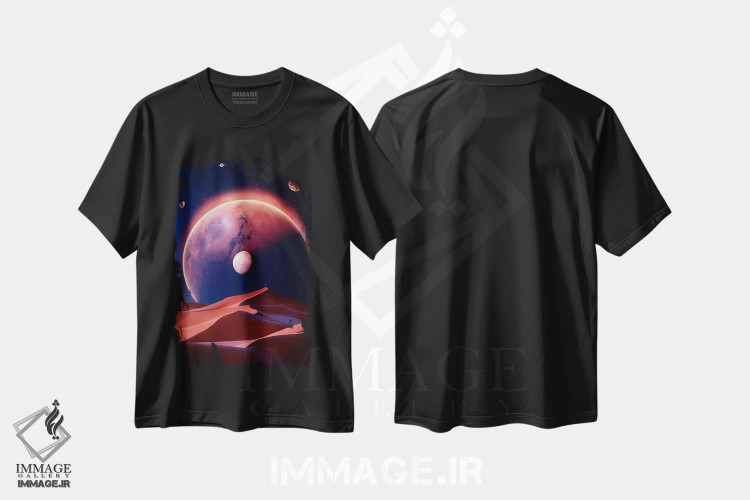 تیشرت مشکی طرح دار تپه های صحرایی مریخ در فضای آبی، عکاسی ترکیبی اثر جن زد | immage.ir