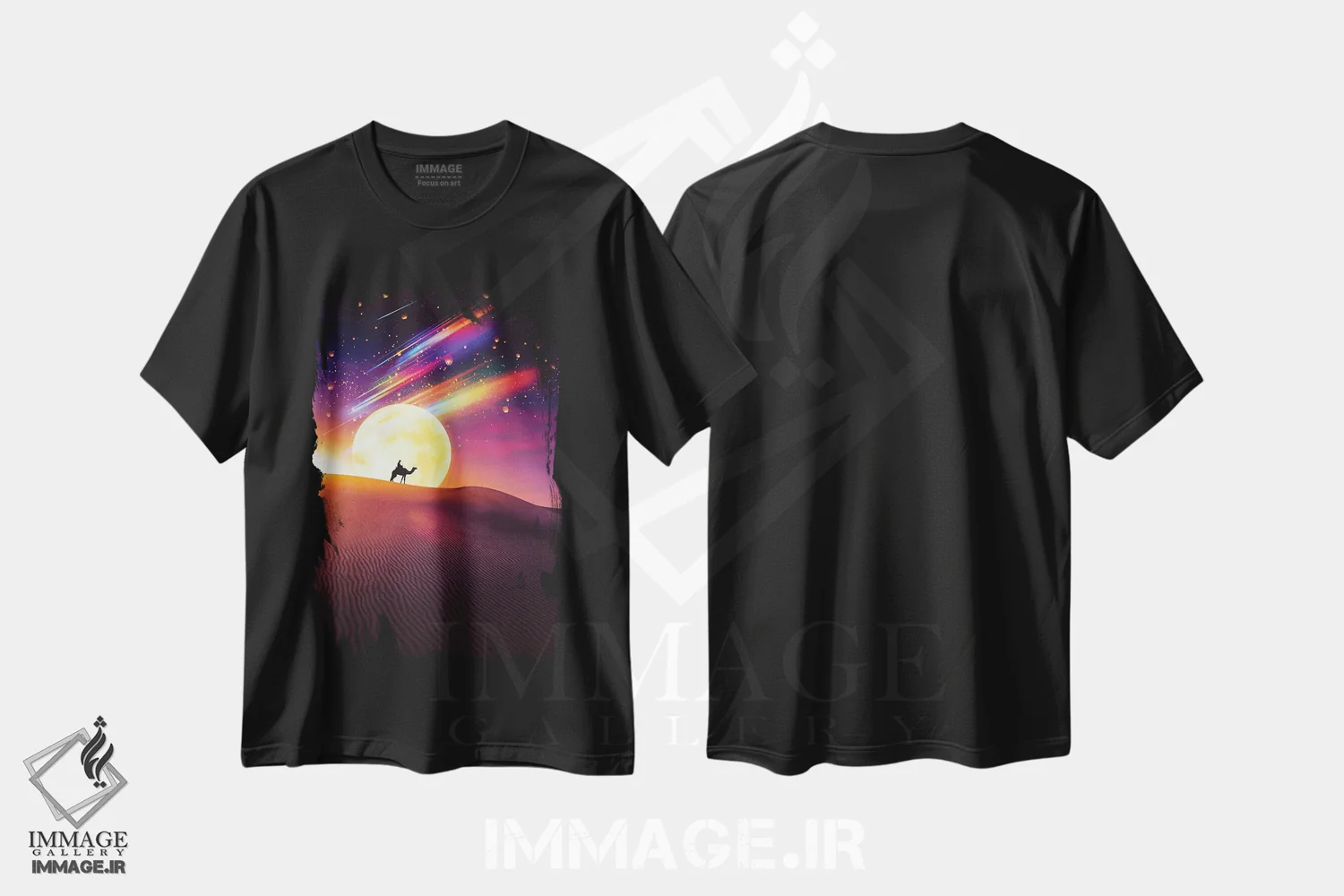 تیشرت مشکی طرح دار شتر یک کوهانه، بیابان و ماه کامل، عکاسی ترکیبی اثر جن زد | immage.ir