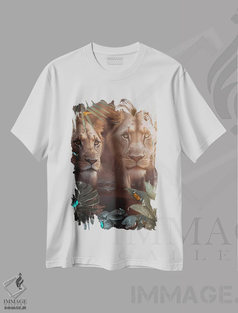 تیشرت سفید طرح دار شیرهای عاشق با پروانه های شگفت انگیز، عکاسی ترکیبی اثر جن زد | immage.ir