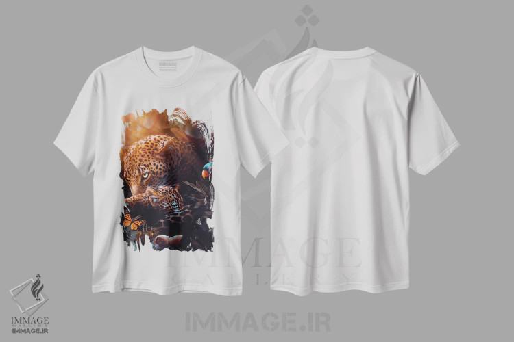تیشرت سفید طرح دار مادر پلنگ و بچه اش در جنگل گرمسیری، عکاسی ترکیبی اثر جن زد | فروشگاه ایماژ