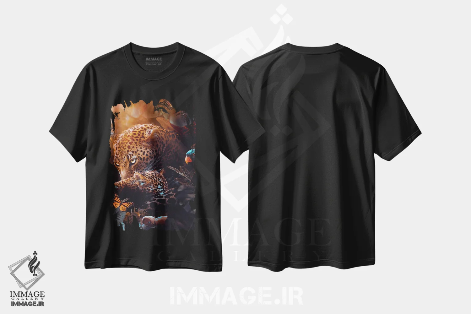 تیشرت مشکی طرح دار مادر پلنگ و بچه اش در جنگل گرمسیری، عکاسی ترکیبی اثر جن زد | immage.ir