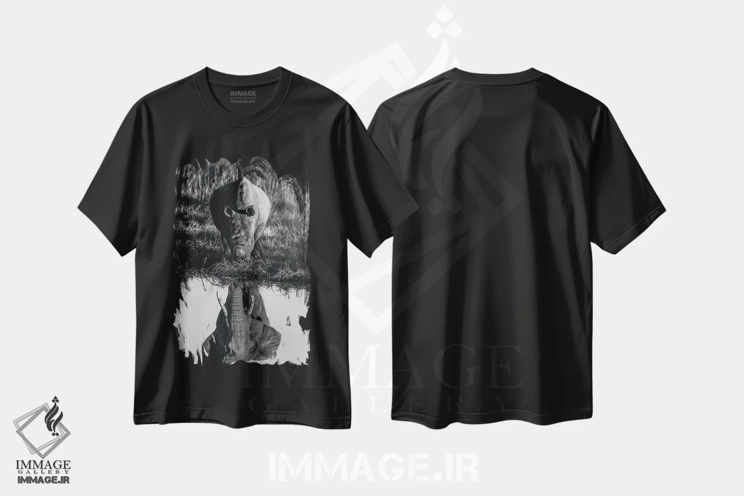 تیشرت مشکی طرح دار فیل و کرگدن در ساوان سیاه و سفید، هنر تزئینی سیاه و سفید اثر جن زد | فروشگاه ایماژ