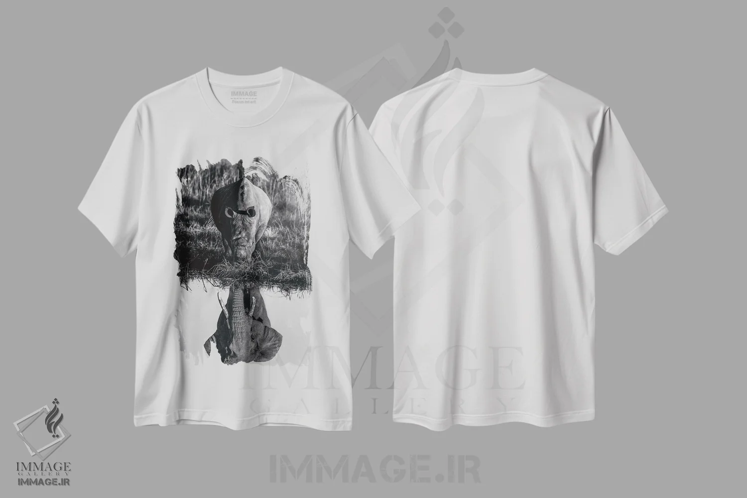 تیشرت سفید طرح دار فیل و کرگدن در ساوان سیاه و سفید، هنر تزئینی سیاه و سفید اثر جن زد | immage.ir