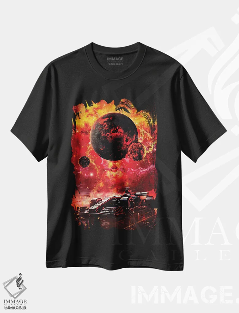 تیشرت مشکی طرح دار آتش فرمول یک در جهان پیست مسابقه، تزئینی اثر جن زد | فروشگاه ایماژ