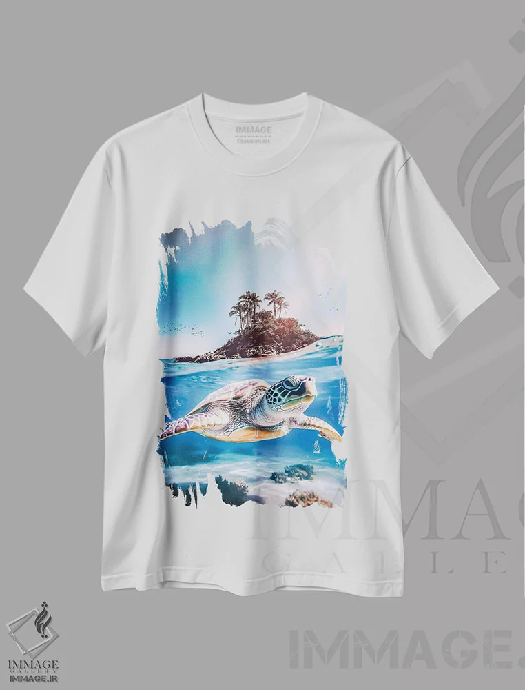 تیشرت سفید طرح دار لاک پشت دریایی و جزیره بهشتی، تزئینی اثر جن زد | فروشگاه ایماژ