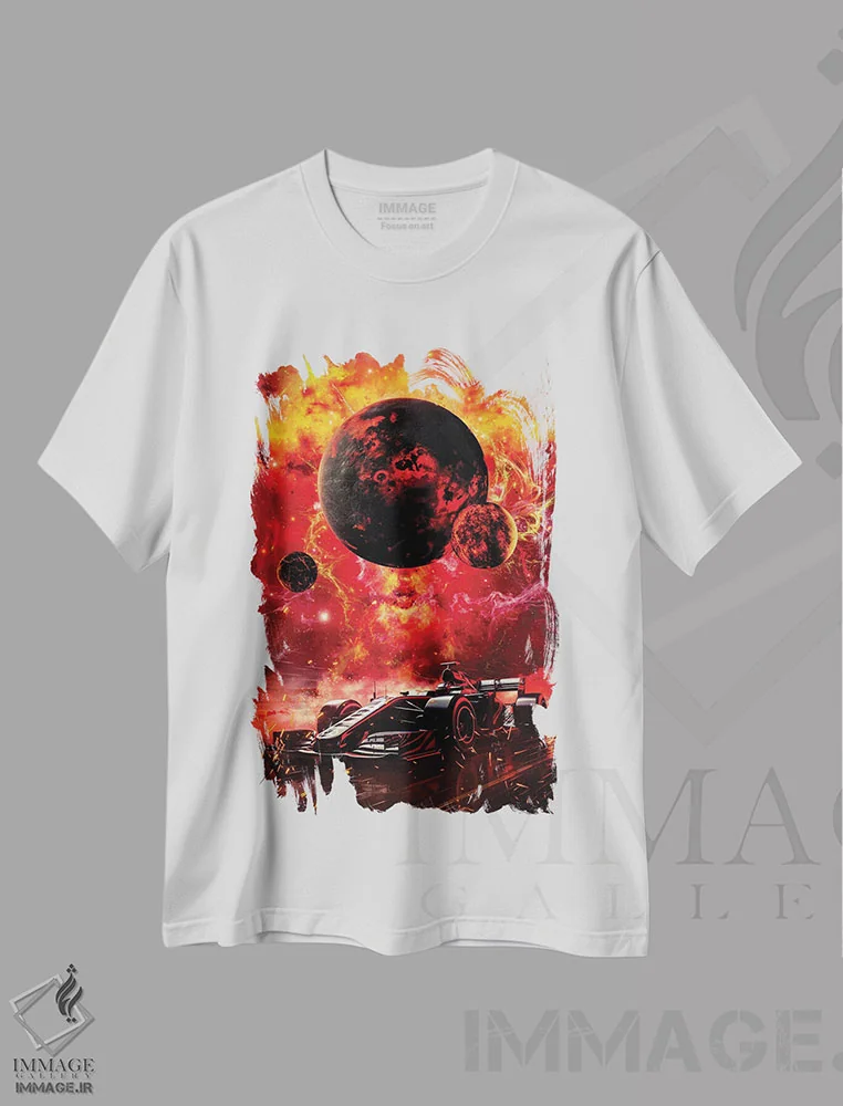 تیشرت سفید طرح دار آتش فرمول یک در جهان پیست مسابقه، تزئینی اثر جن زد | immage.ir