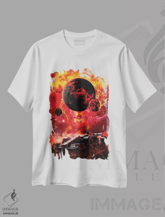 تیشرت سفید طرح دار آتش فرمول یک در جهان پیست مسابقه، تزئینی اثر جن زد | immage.ir