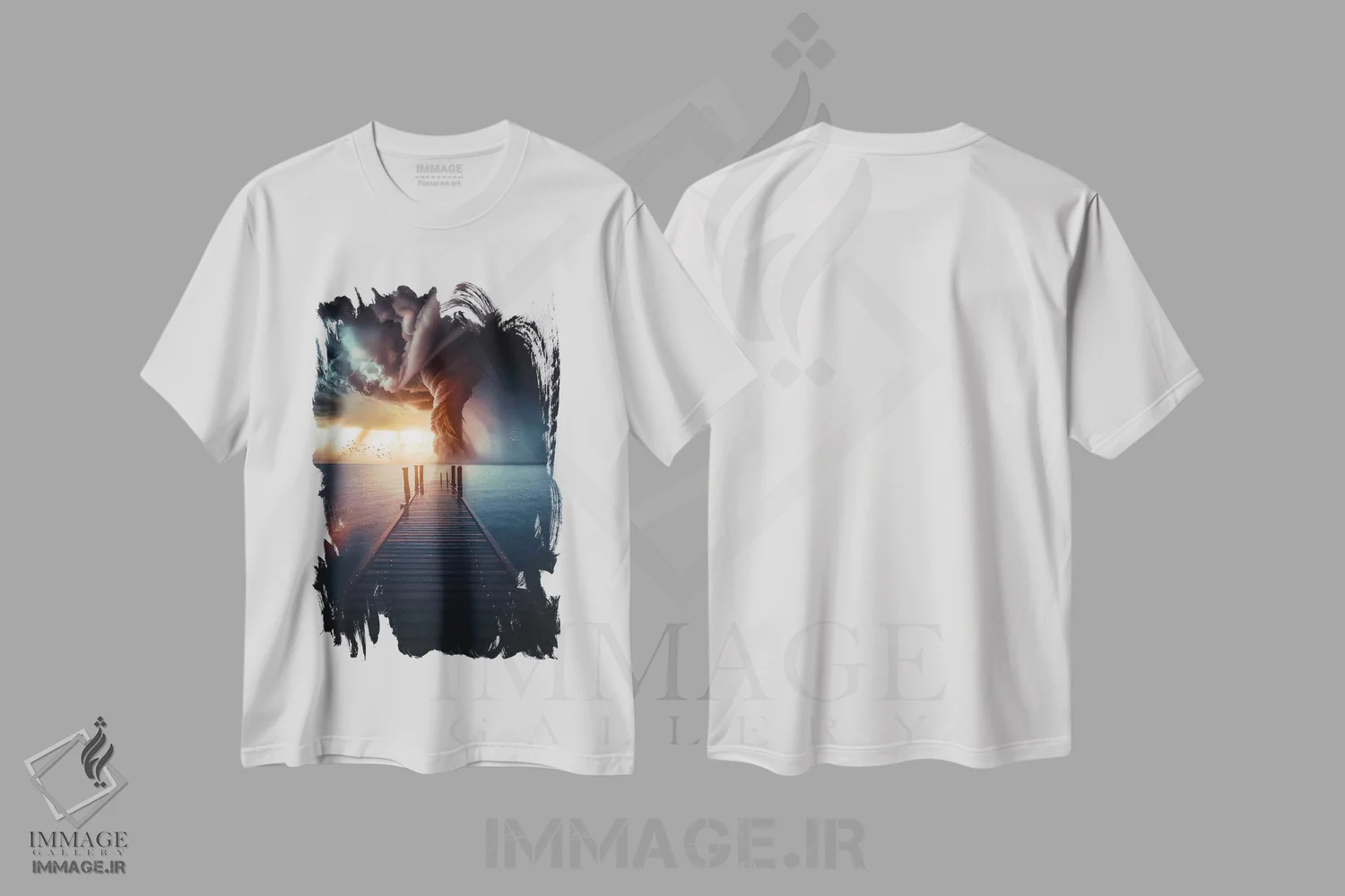 تیشرت سفید طرح دار گردباد بر فراز اقیانوس و نور غروب، تزئینی اثر جن زد | فروشگاه ایماژ