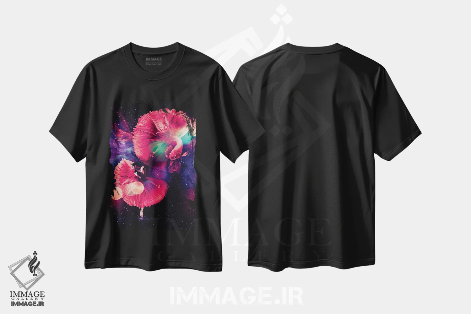 تیشرت مشکی طرح دار رقصنده و باله ماهی بتا قرمز، تزئینی اثر جن زد | فروشگاه ایماژ