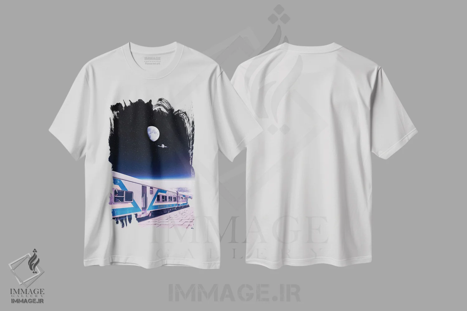 تیشرت سفید طرح دار ایستگاه فضایی و قطار با حلقه های ماه، تزئینی اثر جن زد | immage.ir