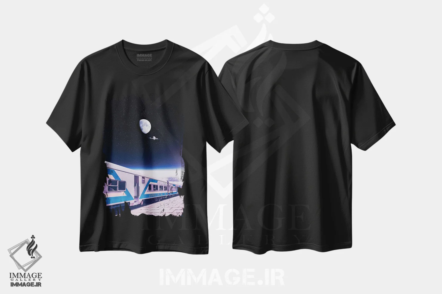 تیشرت مشکی طرح دار ایستگاه فضایی و قطار با حلقه های ماه، تزئینی اثر جن زد | فروشگاه ایماژ