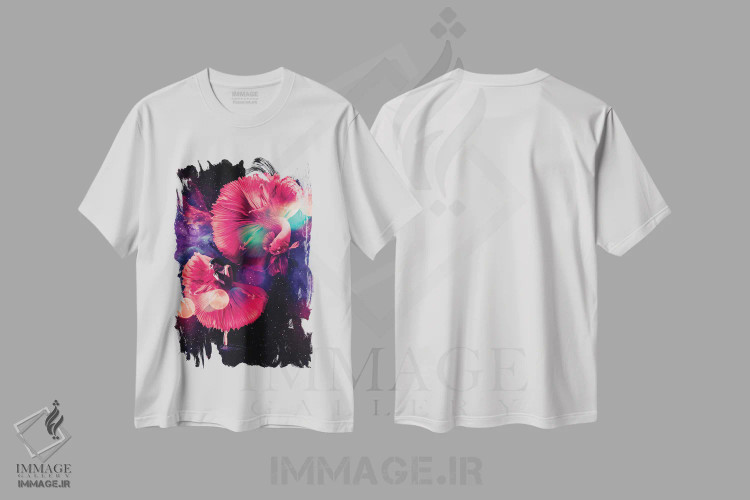 تیشرت سفید طرح دار رقصنده و باله ماهی بتا قرمز، تزئینی اثر جن زد | immage.ir