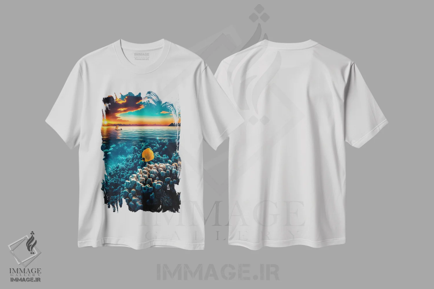 تیشرت سفید طرح دار منظره ساحلی استوایی و پس زمینه غروب، تزئینی اثر جن زد | فروشگاه ایماژ