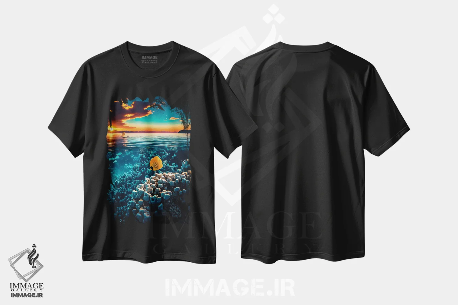 تیشرت مشکی طرح دار منظره ساحلی استوایی و پس زمینه غروب، تزئینی اثر جن زد | immage.ir
