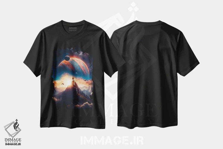 تیشرت مشکی طرح دار جستجوگر سیاره مشتری، کوه در ابرها، تزئینی اثر جن زد | فروشگاه ایماژ