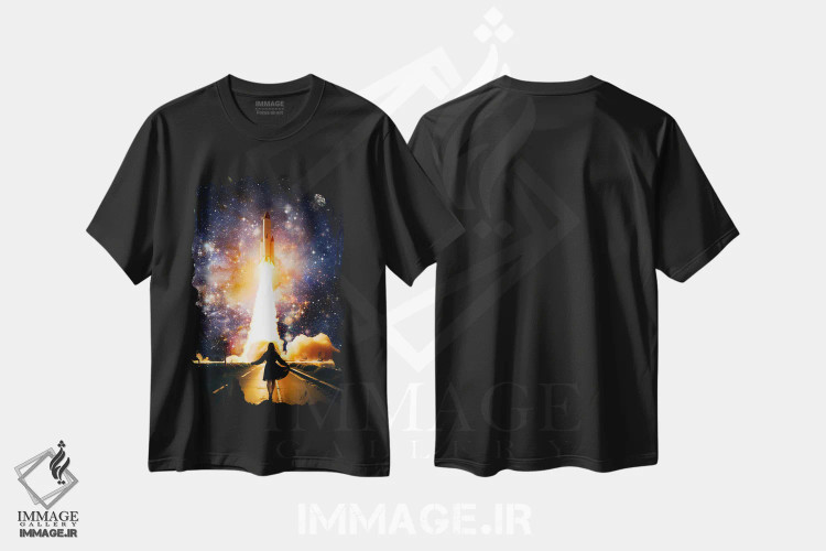 تیشرت مشکی طرح دار زن جوان هنگام پرتاب موشک، هنر دیجیتال اثر جن زد | فروشگاه ایماژ