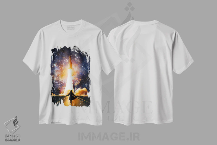 تیشرت سفید طرح دار زن جوان هنگام پرتاب موشک، هنر دیجیتال اثر جن زد | immage.ir