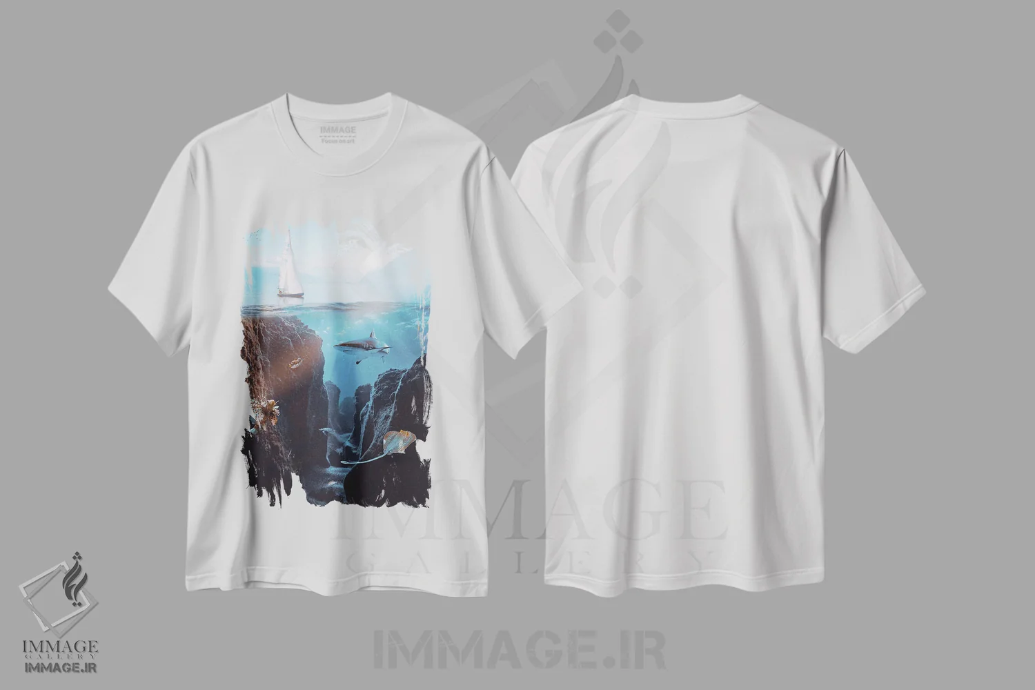 تیشرت سفید طرح دار زندگی زیر آب و قایق بادبانی، تزئینی اثر جن زد | فروشگاه ایماژ