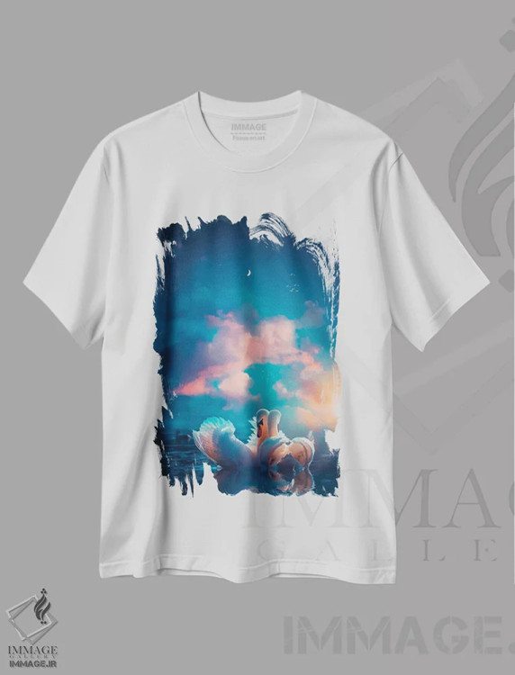 تیشرت سفید طرح دار یک جفت قو سفید عاشق، تزئینی اثر جن زد | immage.ir