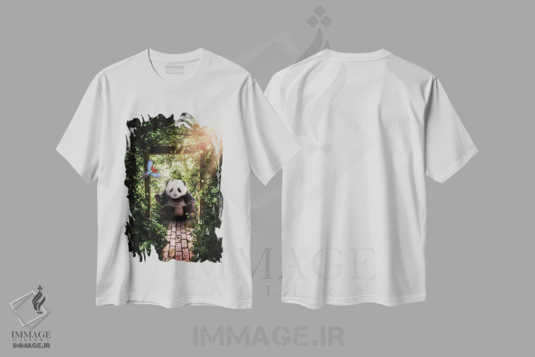 تیشرت سفید طرح دار بچه پاندا غول پیکر بامزه در جنگل، هنر دیجیتال اثر جن زد | فروشگاه ایماژ