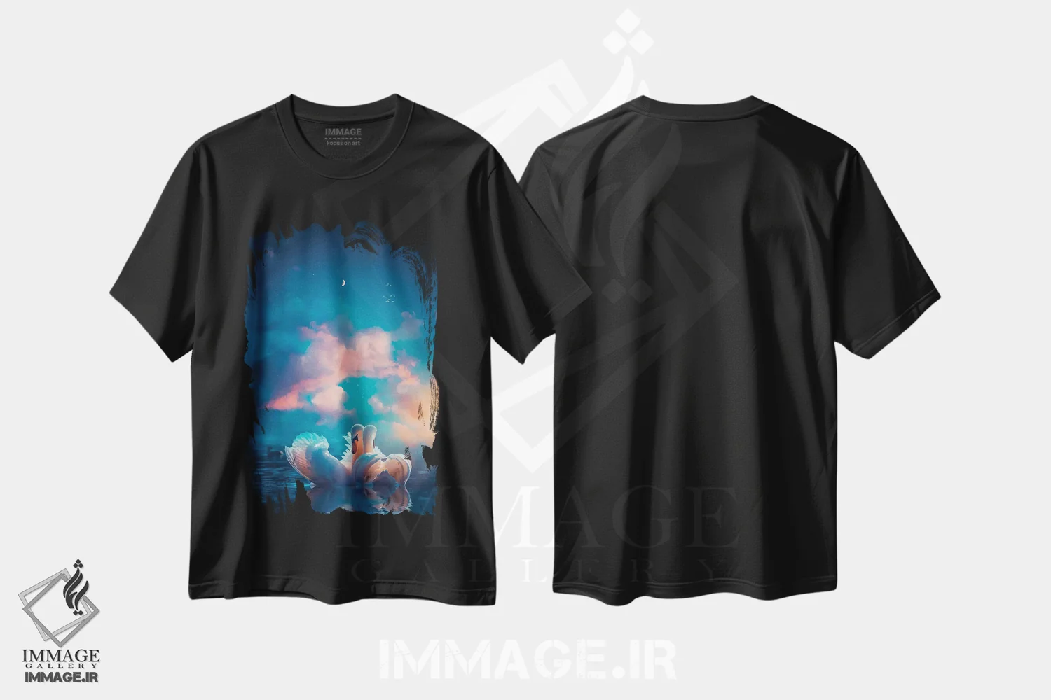 تیشرت مشکی طرح دار یک جفت قو سفید عاشق، تزئینی اثر جن زد | فروشگاه ایماژ