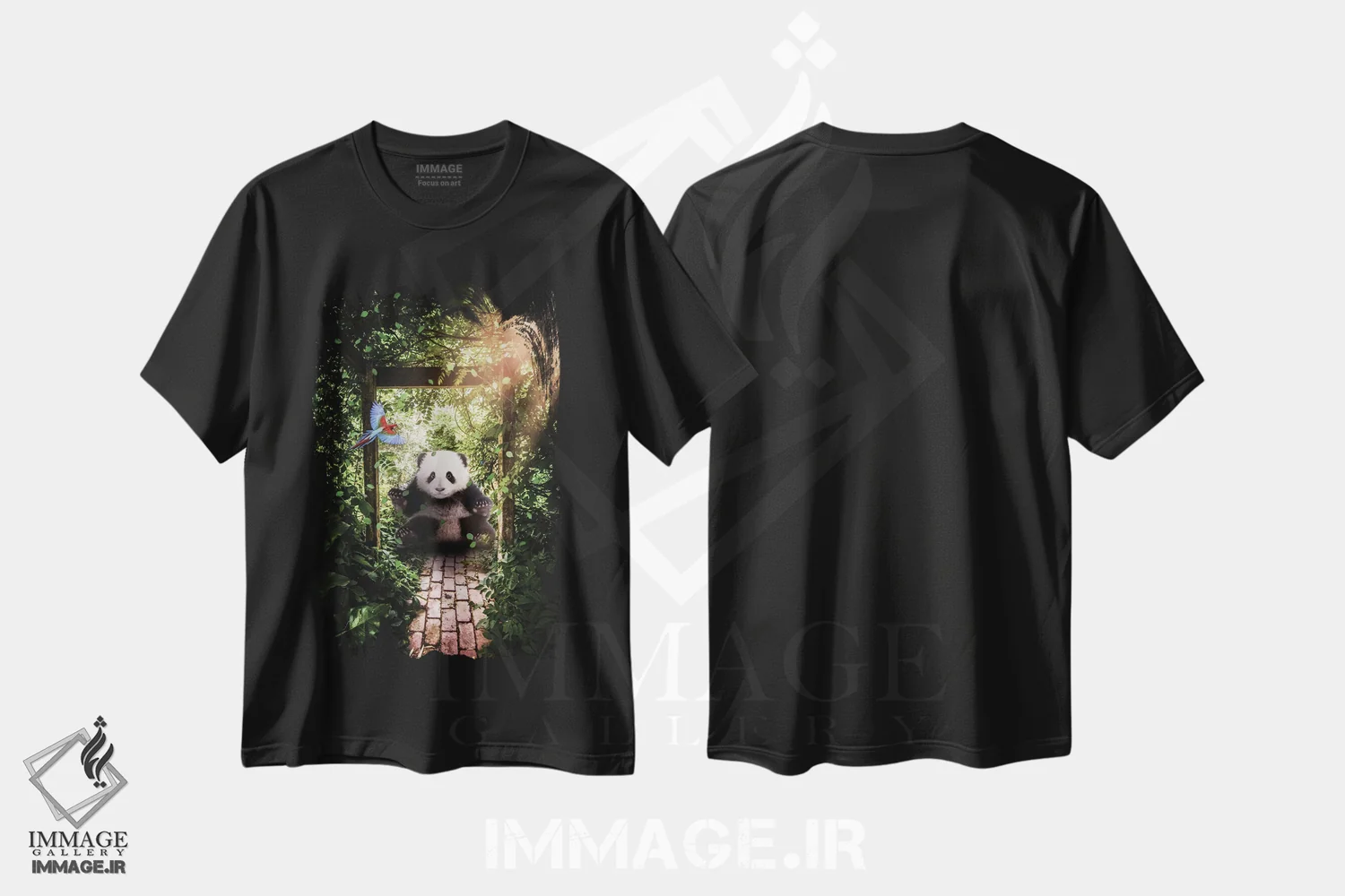 تیشرت مشکی طرح دار بچه پاندا غول پیکر بامزه در جنگل، هنر دیجیتال اثر جن زد | immage.ir