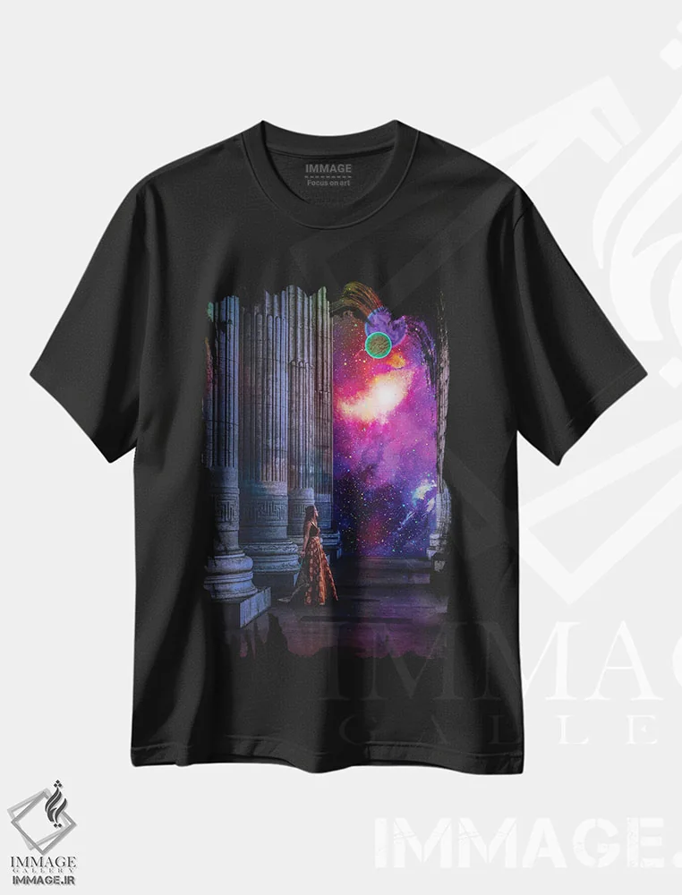تیشرت مشکی طرح دار الهه یونانی کائنات بی نهایت، هنر دیجیتال اثر جن زد | فروشگاه ایماژ