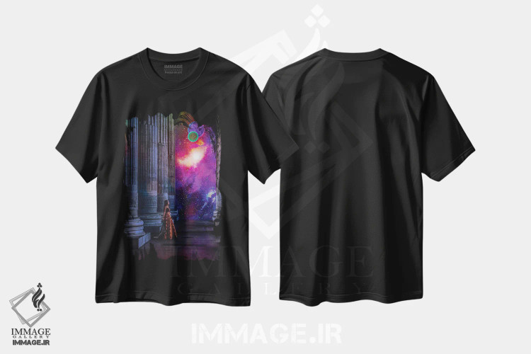 تیشرت مشکی طرح دار الهه یونانی کائنات بی نهایت، هنر دیجیتال اثر جن زد | فروشگاه ایماژ