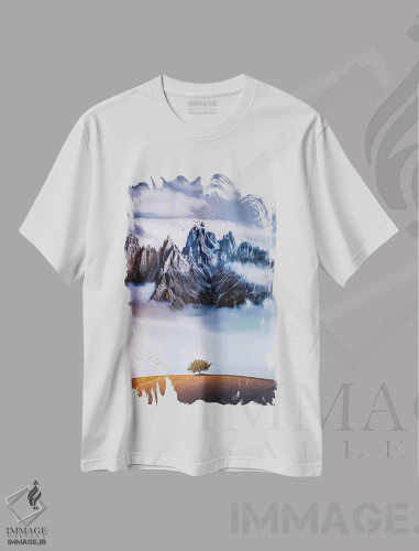 تیشرت سفید طرح دار درخت تنها روبروی کوه تاریک، هنر دیجیتال اثر جن زد | فروشگاه ایماژ