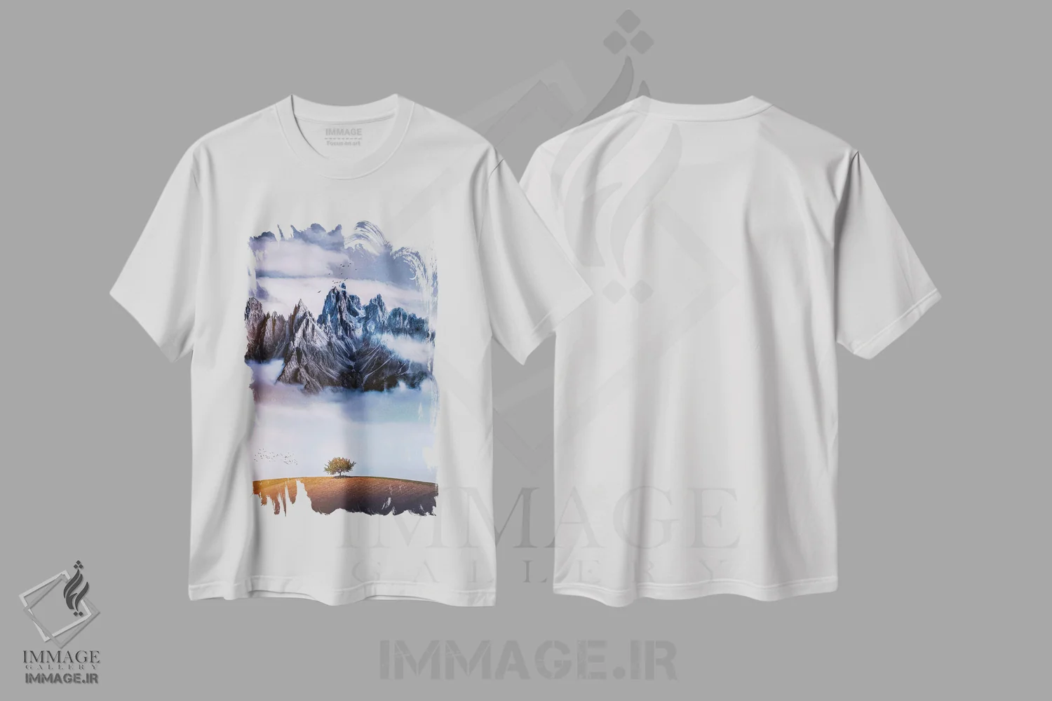 تیشرت سفید طرح دار درخت تنها روبروی کوه تاریک، هنر دیجیتال اثر جن زد | فروشگاه ایماژ