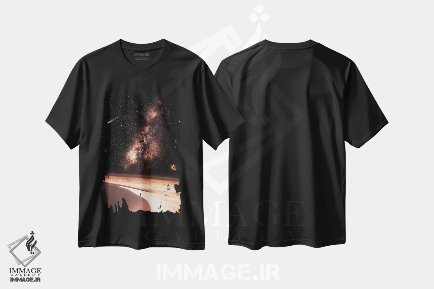 تیشرت مشکی طرح دار بیابان قهوه ای، کهکشان راه شیری و شب پرستاره، هنر دیجیتال اثر جن زد | فروشگاه ایماژ