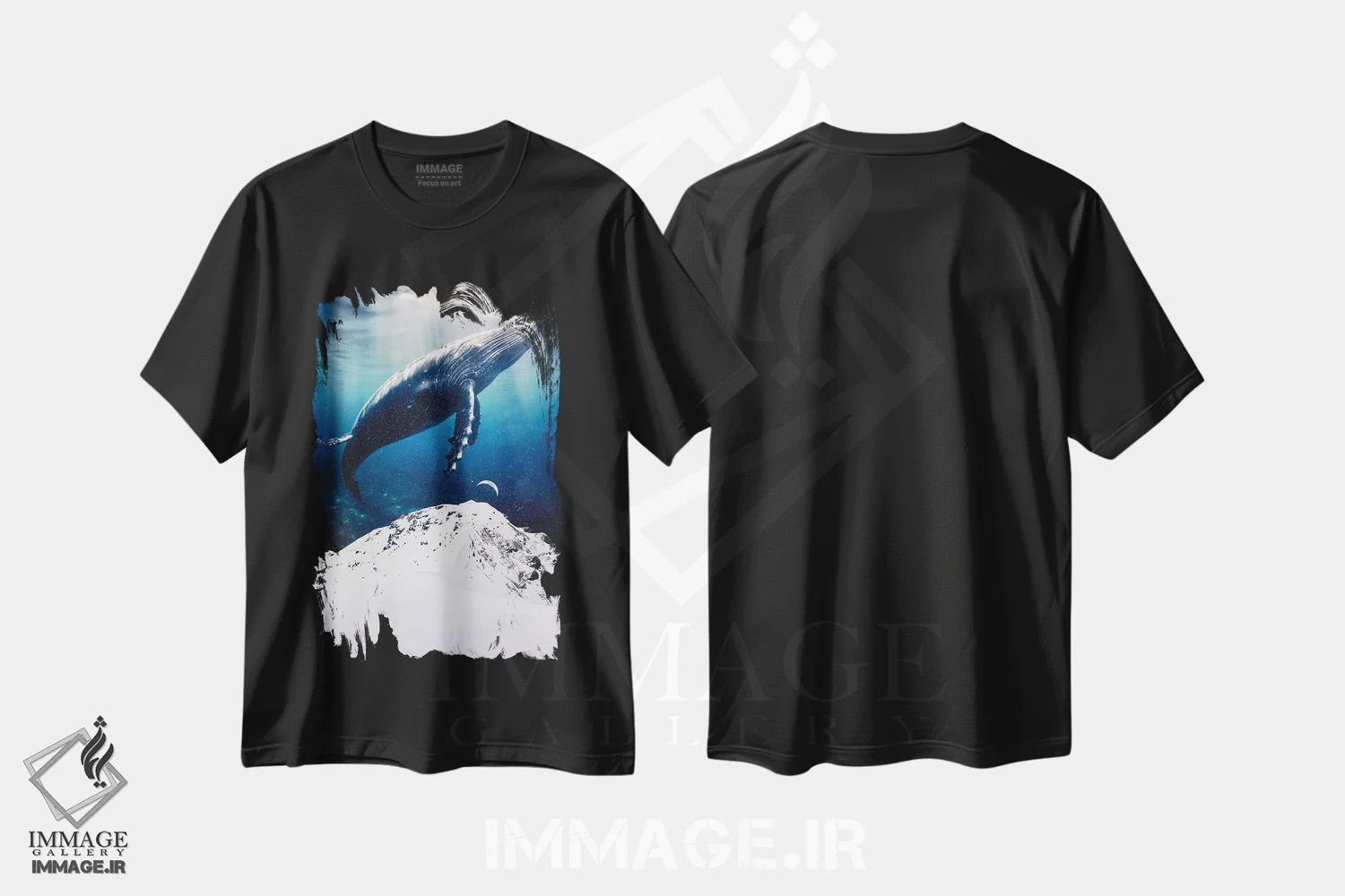 تیشرت مشکی طرح دار نهنگ آبی عظیم بر فراز کوه های برفی، هنر دیجیتال اثر جن زد | فروشگاه ایماژ