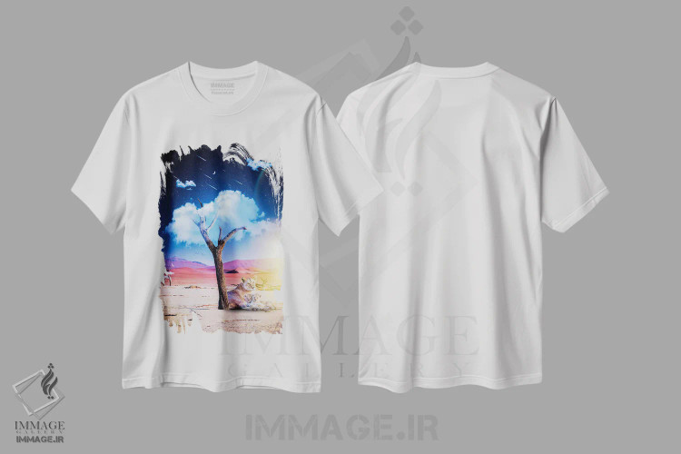 تیشرت سفید طرح دار درخت ابری و خانواده شیر زیر شب پرستاره، هنر دیجیتال اثر جن زد | فروشگاه ایماژ