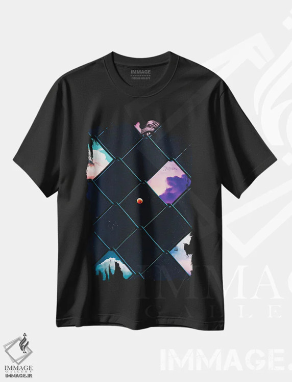 تیشرت مشکی طرح دار توری و آسمان شاعرانه با ماه نارنجی، هنر دیجیتال اثر جن زد | فروشگاه ایماژ