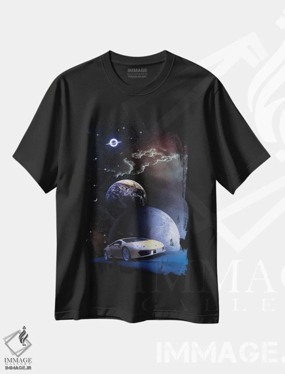 تیشرت مشکی طرح دار خودروی ورزشی در جاده ای به سوی فضای بی نهایت، تزئینی اثر جن زد | فروشگاه ایماژ