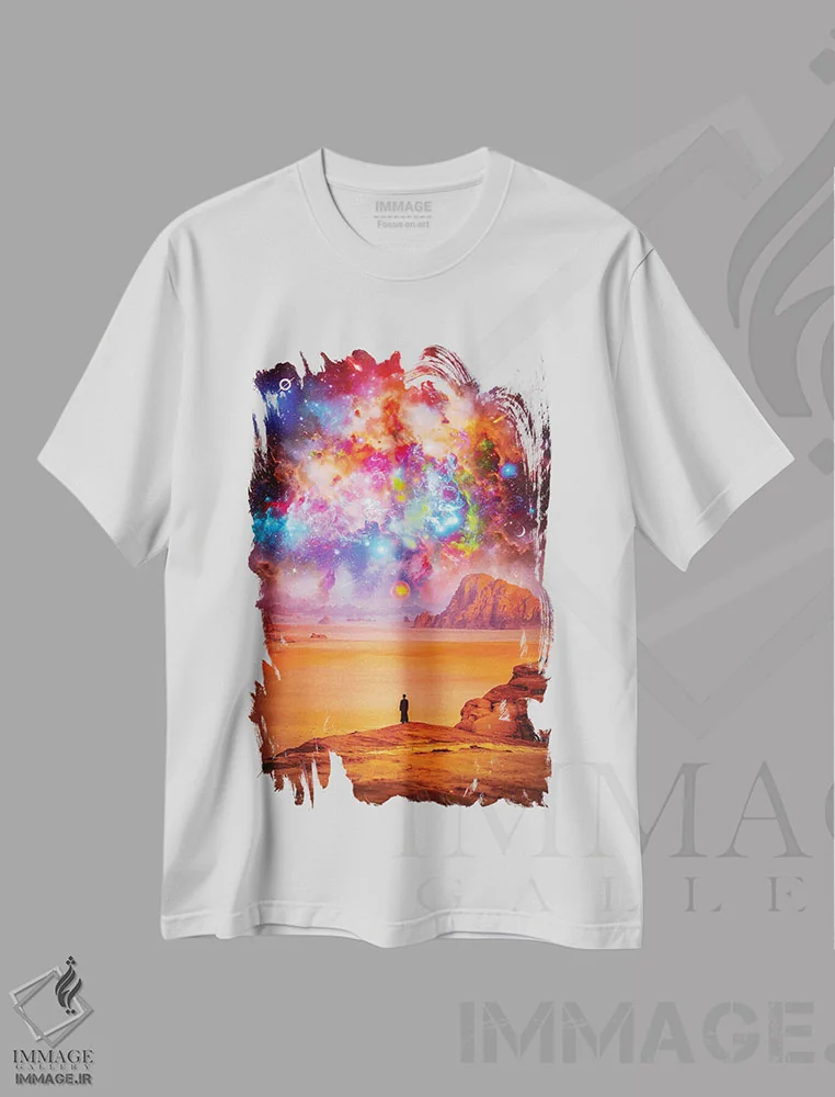تیشرت سفید طرح دار زیبایی جهان رنگارنگ، تزئینی اثر جن زد | فروشگاه ایماژ
