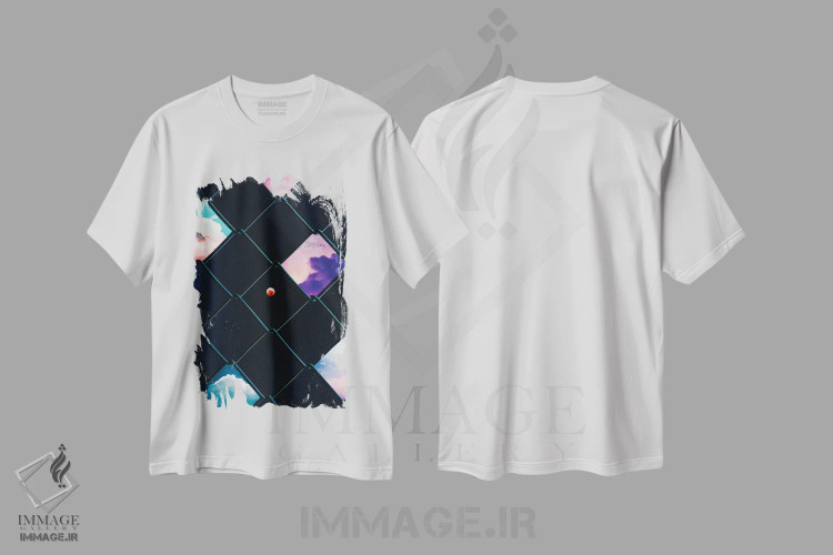 تیشرت سفید طرح دار توری و آسمان شاعرانه با ماه نارنجی، هنر دیجیتال اثر جن زد | immage.ir